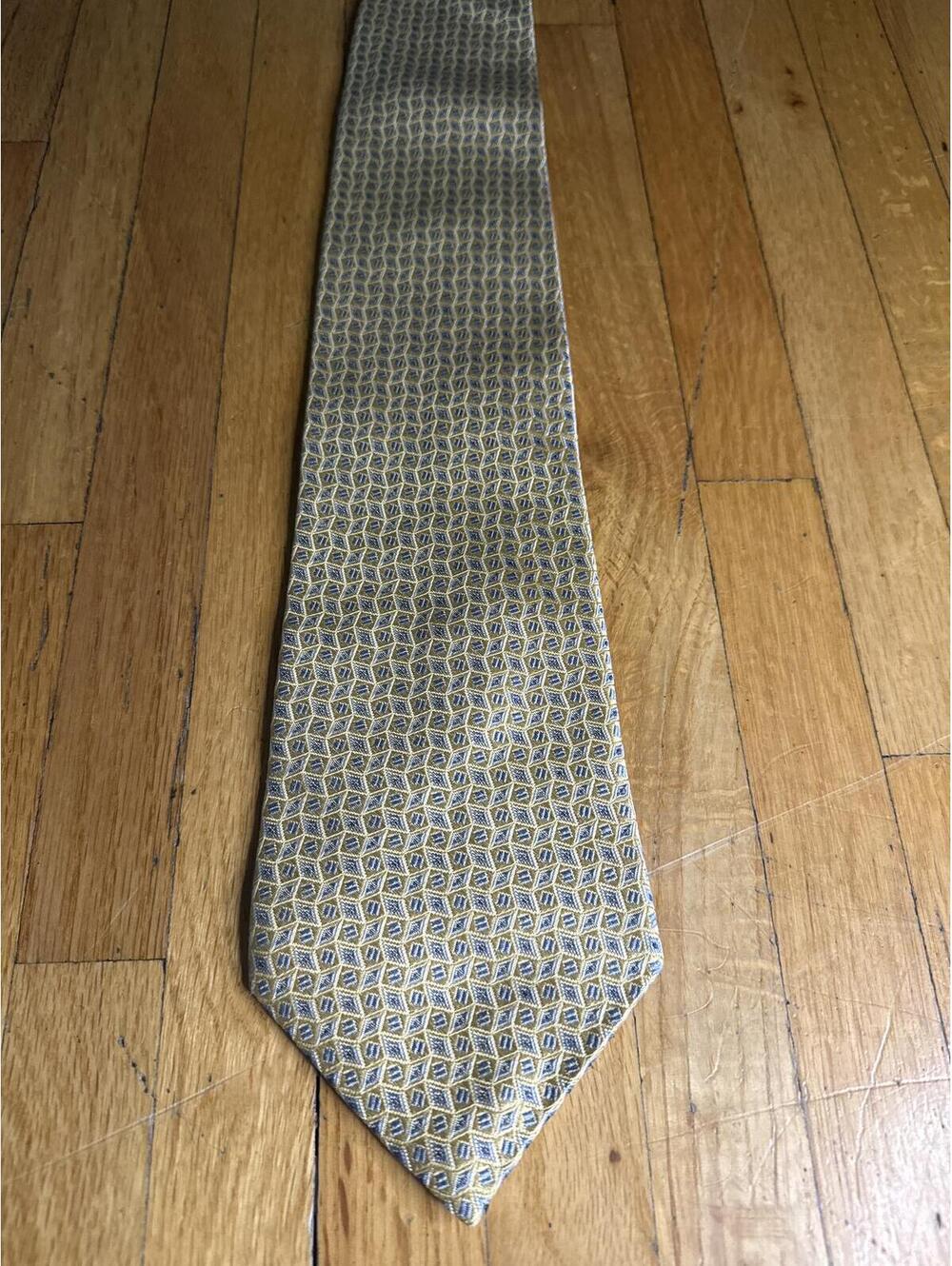 Burma Bibas 100% Silk Tie Gold Blue Geometric Necktie Made In USA Vintage